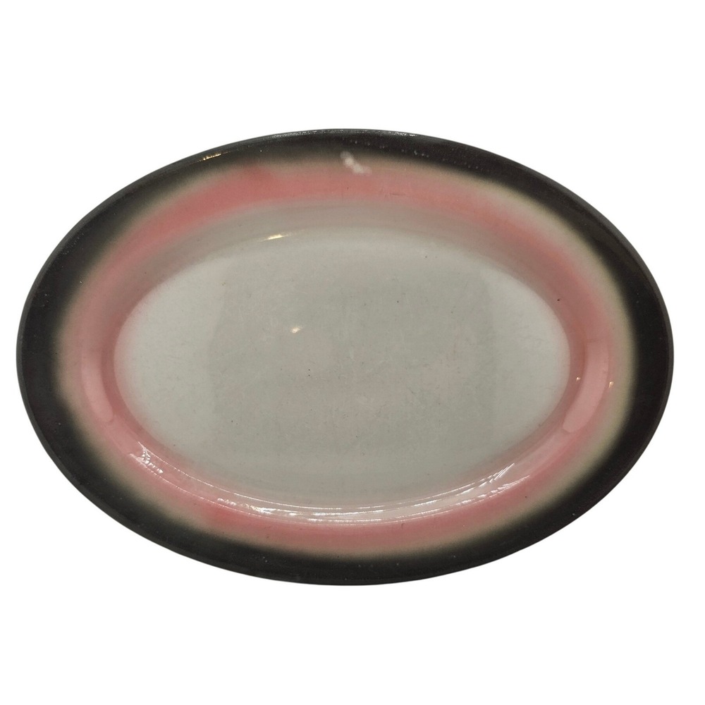 Vintage Tepco China USA Plate Dish, Pink Black Rim,‎ Oval Shaped Serving Platter